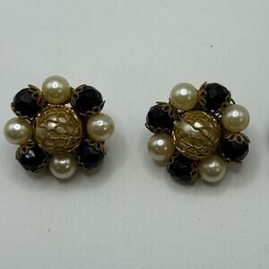 Vintage Gold, Pearl and Black Clip On Button Earrings